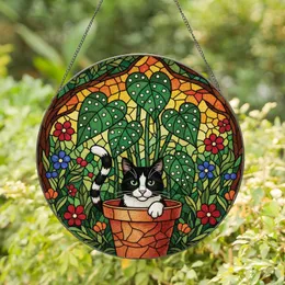 Cat Lovers' Vibrant Tiffany Stained Glass Tuxedo Cat Peeking Plant Pot Emerald Green Orange Mosaic Stained Glass Suncatcher