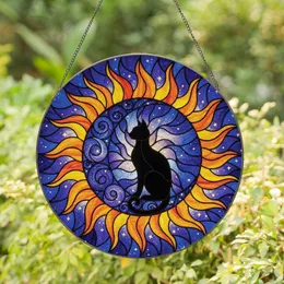 Cat Lovers' Tiffany Stained Glass Black Cat Celestial Cosmic Moon Sun Rays Deep Blue Purple Orange Stained Glass Suncatcher