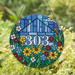 Homeowners' Vibrant Stained Glass '303' Garden Art with Jewel Tone Flowers & Blue House Mosaic Stained Glass Suncatcher