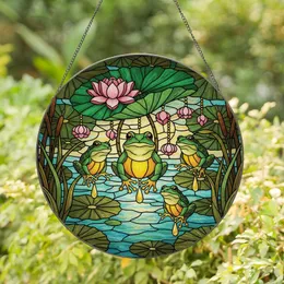 Nature Lovers' Emerald Green Frog Stained Glass Jewel Tone Pond Lily Pad Lotus Mosaic Stained Glass Suncatcher