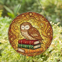Art & Book Lovers' Intricate Stained Glass Sleeping Owl Stacked Books Emerald Red Gold Jewel Tones Stained Glass Suncatcher