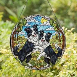 Border Collie Enthusiasts' Intricate Tiffany Stained Glass Playful Embrace Meadow Mosaic Jewel Tones Art Stained Glass Suncatcher