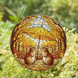 Nature Lovers' Affectionate Mice Tiffany Stained Glass Golden Autumn Forest Raindrop Pattern Stained Glass Suncatcher