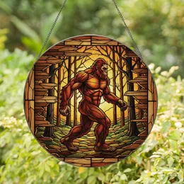 Bigfoot Art Collectors' Tiffany Style Stained Glass Bigfoot Silhouette Forest Mosaic Warm Orange Yellow Stained Glass Suncatcher