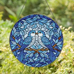Romantics' Intricate Stained Glass Cobalt Blue Lovebirds Floral Amber Mosaic Design Stained Glass Suncatcher