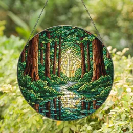 Nature Lovers' Tiffany Stained Glass Forest River Sunbeam Tapestry in Verdant Jewel Tones Stained Glass Suncatcher