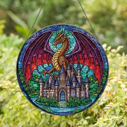 Fantasy Lovers' Majestic Dragon Castle Stained Glass Ruby Sapphire Emerald Gold Mosaic Stained Glass Suncatcher
