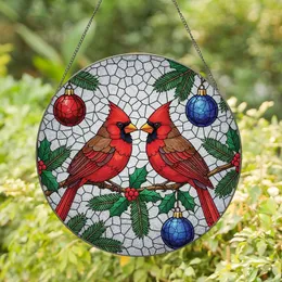 Winter Nature & Art Enthusiasts' Tiffany Stained Glass Cardinals Holly Berries Evergreen Jewel Tones Mosaic Stained Glass Suncatcher