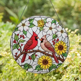 Bird Watchers' Intricate Tiffany Stained Glass Cardinal Pair Red Pink Yellow Floral Mosaic Art Stained Glass Suncatcher