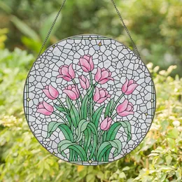 Nature Lovers' Vibrant Tiffany Style Stained Glass Pink Tulip Mosaic with Colorful Geometric Border Stained Glass Suncatcher