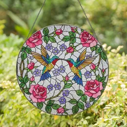 Nature Lovers' Iridescent Hummingbird Pink Rose Jewel Tone Stained Glass Floral Mosaic Stained Glass Suncatcher