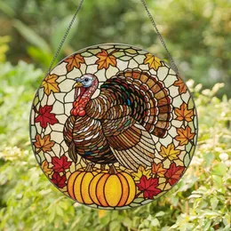 Harvest Season Enthusiasts' Tiffany Style Stained Glass Turkey Autumn Leaves & Pumpkins Mosaic Jewel Tones Stained Glass Suncatcher
