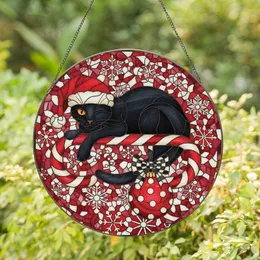 Christmas Cat Lovers' Intricate Tiffany Stained Glass Black Cat Winking Santa Hat Candy Cane Crimson Red Mosaic Art Stained Glass Suncatcher