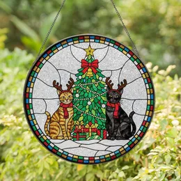 Cat Lovers' Vibrant Stained Glass Christmas Cats Festive Tree Mosaic Jewel Tones Red Green Gold Stained Glass Suncatcher