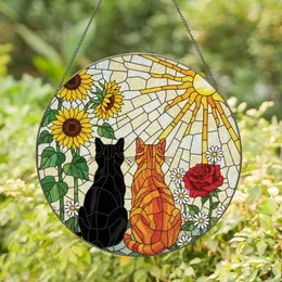 Cat Lovers' Vibrant Tiffany Stained Glass Black Orange Cats Sunflowers Rose Daisy Mosaic Stained Glass Suncatcher