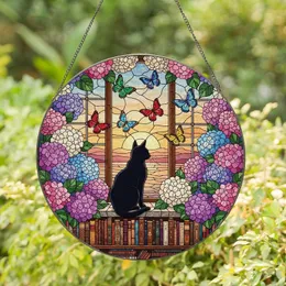 Stained Glass Art Lovers' Jewel Tone Black Cat Silhouette Pink Hydrangea Sunset Window Mosaic Stained Glass Suncatcher