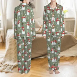Women's Whimsical Snowman & Holly Pajamas: Muted Olive Winter Sleep Set Satin Pajamas Set