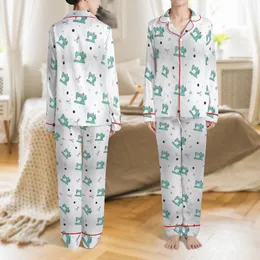 Sewing Enthusiast's Dream: Teal Machine, Thimble & Scissors Seamless Illustrative Design Satin Pajamas Set