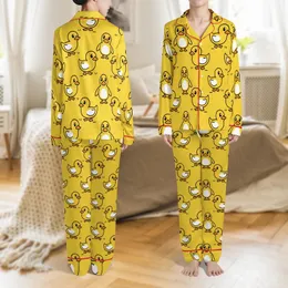 Playful Yellow Duck Pattern: Seamless Swimming Cartoon Ducks Flat Art Print Satin Short-Sleeve Pajamas Set
