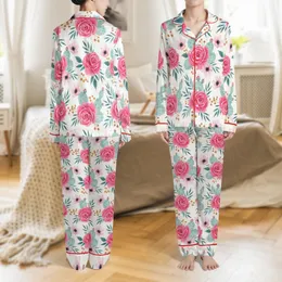 Women's Bridesmaid Rayon Pajamas: Watercolor Fuchsia Rose & Teal Cactus Floral Satin Pajamas Set