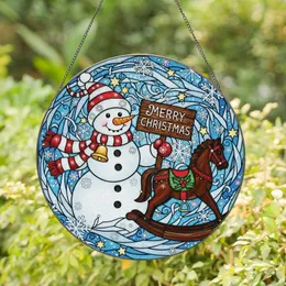Christmas Lovers' Tiffany Style Stained Glass Snowman & Rocking Horse Festive Jewel Tone Mosaic Art Stained Glass Suncatcher