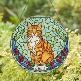 Cat Lovers' Intricate Tiffany Stained Glass Orange Tabby Cat, Jewel Tone Floral & Green Mosaic Stained Glass Suncatcher