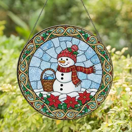 Holiday Decor Lovers' Stained Glass Snowman, Holly, Poinsettia, Plaid Scarf, Tiffany Jewel Tones Stained Glass Suncatcher
