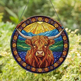 Art & Nature Lovers' Majestic Highland Cow Tiffany Stained Glass Sunburst Starry Night Jewel Tones Stained Glass Suncatcher