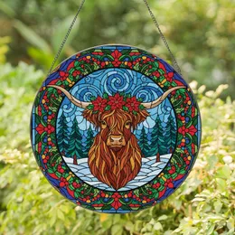 Festive Animal Art Lovers' Vibrant Tiffany Stained Glass Highland Cow Christmas Wreath Motif Stained Glass Suncatcher