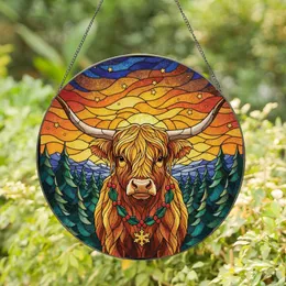 Highland Cow Fans' Stained Glass Winter Sunset Art with Festive Garland & Jewel Tones Stained Glass Suncatcher
