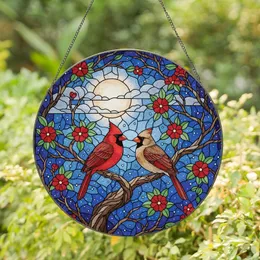 Bird Lovers' Vibrant Cardinal Pair Tiffany Style Stained Glass Full Moon Mosaic Stained Glass Suncatcher