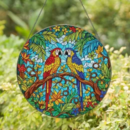 Nature Lovers' Vibrant Red Blue Yellow Tiffany Stained Glass Parrots Tropical Foliage Mosaic Stained Glass Suncatcher