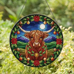 Christmas Art Lovers' Stained Glass Highland Cow Design: Festive Garland, Holly, Poinsettias, Jewel Tones Stained Glass Suncatcher