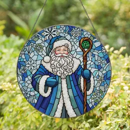 Christmas Enthusiasts' Tiffany Style Stained Glass Santa Icy Blue Emerald Green Mosaic Stained Glass Suncatcher