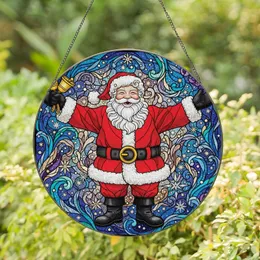 Holiday Enthusiasts' Cheerful Santa Claus Tiffany Stained Glass Red Gold Green Winter Night Mosaic Stained Glass Suncatcher