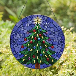Holiday Art Lovers' Glowing Tiffany Stained Glass Christmas Tree with Jewel Red Blue Purple Ornaments & Starry Snowflakes Stained Glass Suncatcher