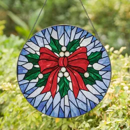 Christmas Art Lovers' Tiffany Style Ruby Red Bow, Emerald Holly, Frosted Stained Glass Stained Glass Suncatcher