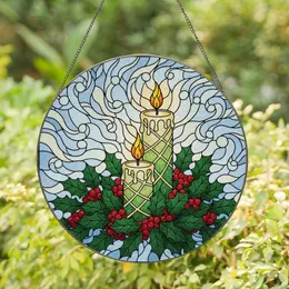 Holiday Enthusiasts' Tiffany Stained Glass Glowing Candles Holly Berries Emerald Ruby Gold Mosaic Stained Glass Suncatcher