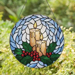Art Lovers' Tiffany Style Stained Glass Glowing Candles Holly Berries Mosaic Pattern Stained Glass Suncatcher