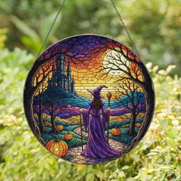 Fantasy Art Lovers' Tiffany Style Witch Gothic Castle Radiant Moon Sunset Orange Purple Stained Glass Art Stained Glass Suncatcher