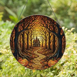Halloween Enthusiasts' Orange Yellow Teal Stained Glass Spooky Forest Haunted House Jack-o'-Lanterns Stained Glass Suncatcher