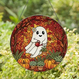 Autumn Enthusiasts' Tiffany Stained Glass Ghost Potted Plant Orange Pumpkin Foliage Stained Glass Suncatcher