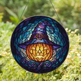 Halloween Art Lovers' Intricate Stained Glass Jack-o'-Lantern Witch Hat Mystical Swirling Teal Orange Purple Stained Glass Suncatcher