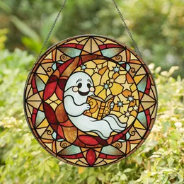 Gothic Chic Fans' Jewel Tone Tiffany Glass Celestial Ghost Moon Reading Geometric Mosaic Stained Glass Suncatcher