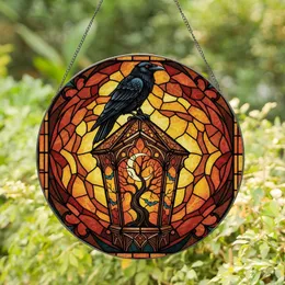 Gothic Art Lovers' Tiffany Style Stained Glass Raven Lantern Moon Gnarled Tree Bat Teal Amber Mosaic Stained Glass Suncatcher