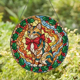 Cat Lovers' Intricate Tiffany Stained Glass Calico Cat, Red Bow, Festive Holly, Jewel Tone Mosaic Stained Glass Suncatcher