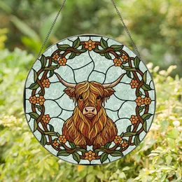 Highland Cow Lovers' Fluffy Amber Highland Cow Stained Glass Green Wreath Mosaic Stained Glass Suncatcher