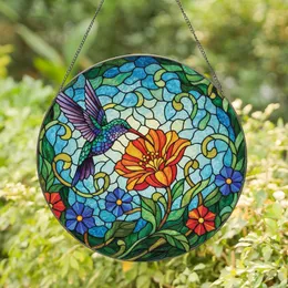 Art Lovers' Tiffany Style Hummingbird Blue Orange Green Jewel Tone Floral Mosaic Stained Glass Suncatcher