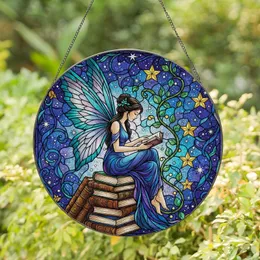 Fantasy Art Lovers' Intricate Tiffany Stained Glass Fairy Reading Books Celestial Night Sky Jewel Tones Stained Glass Suncatcher