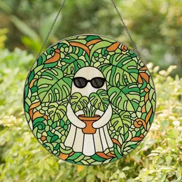 Whimsical Art Lovers' Stained Glass Ghost & Monstera Plant Jewel Tone Mosaic Stained Glass Suncatcher